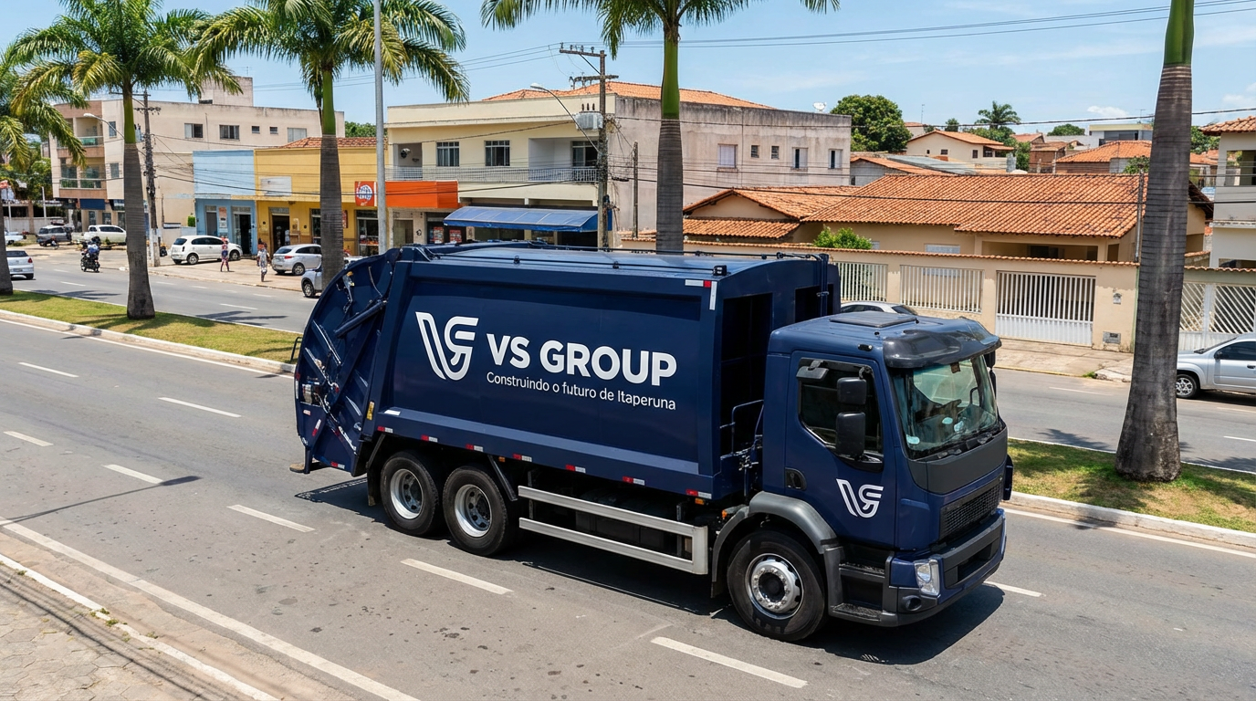 Mockup Comercial — caminhão de lixo VS GROUP em Itaperuna