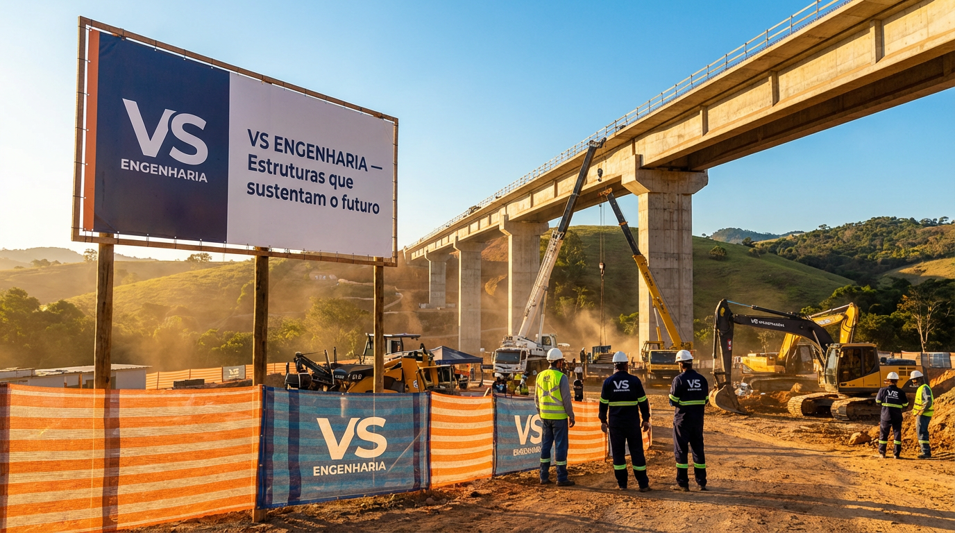 VS Engenharia em obra — canteiro de estrutura e viaduto